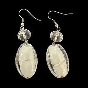 Glass Beaded Dangle Earrings Silver Tone White Clear